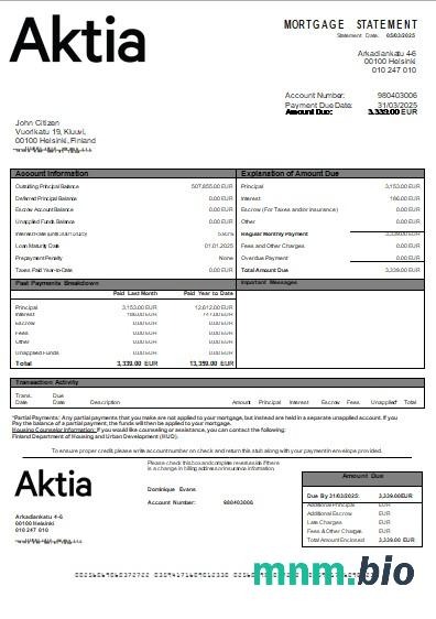 Finlandia Bank Aktia wyciąg z kredytu hipotecznego szablon Word i PDF
